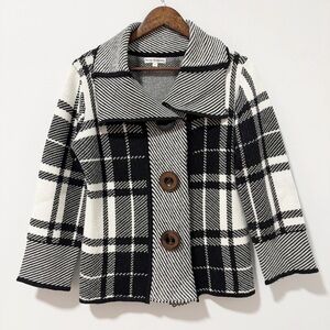 Nicole Alexander Plaid Button Front Cardigan Womens Size Medium Black White Wool